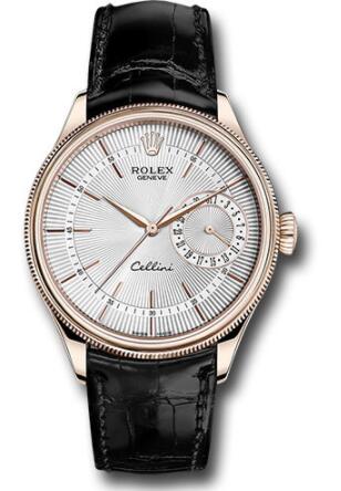 Replica Rolex Cellini Date Watch 50515 Everose Silver Dial Black Leather Strap